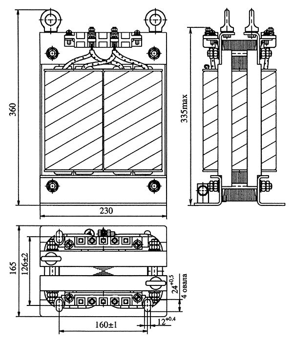 Габаритные и установочные размеры трансформаторов ОСМ1 мощностью 4,0 кВ·А